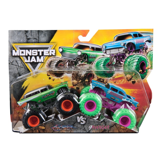 Monster Jam, Avenger Vs. Avenger Smash Die-Cast Monster Trucks 1:64 scale 2-pack featuring two detailed die-cast trucks with authentic BKT tires, one green with orange rims and one blue with green and pink rims, suitable for kids ages 3 and up to create monster truck showdowns.