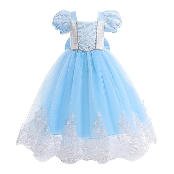 FhsagQ Dresses Christmas Dresses for Girls 5-6 Children Girls Party Dress Bubble Sleeve Bow Lace Patchwork Mesh Poplin Princess Dress Performance Light Blue 2-3 Years