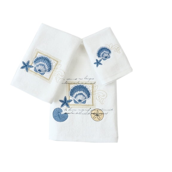 Marina Decoration Ensemble de Serviettes de Bain Moderne 3 Pcs Ultra Doux 100 % Coton Brodé, Motif Coquillage et Étoile de Mer avec Base Blanche
