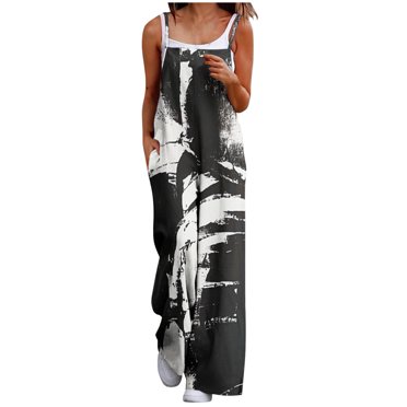 yoeyez Combinaisons Courtes pour Femmes pour l'Été, Combinaison Longue Ample à Jambes Larges pour Femmes, Imprimé Floral Bohème, Bretelles Spaghetti, Combinaisons Amples, Combinaisons Courtes avec Poches, Noir, m