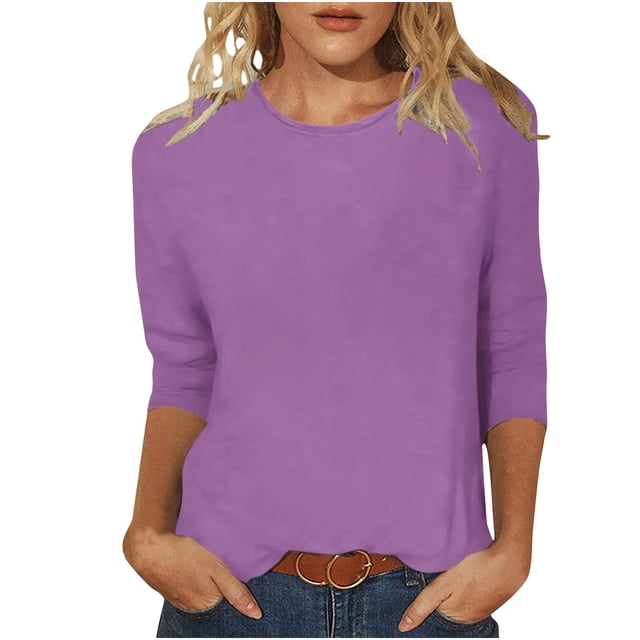 hotojiny Spring Tops for Women Lightweight Solid Color 3/4 Sleeve Crewneck Basics Tees Plus Size Soft Comfy Summer Work Shirt