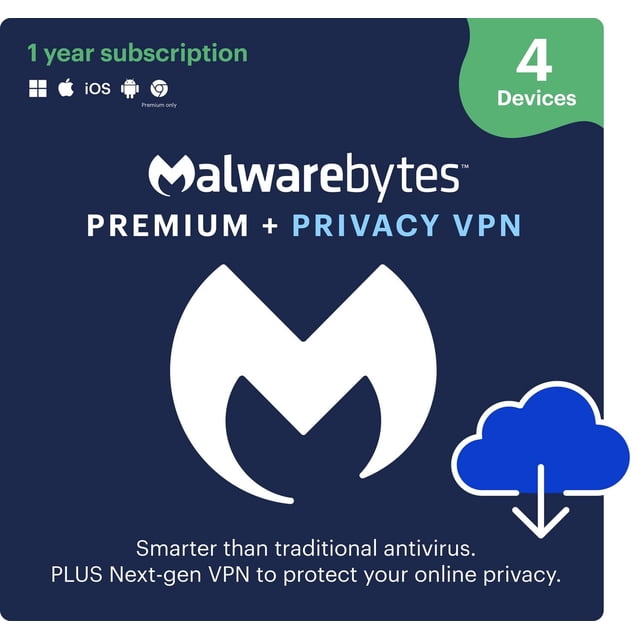 Malwarebytes Premium + Privacy VPN bundle digital download card for 1 year subscription covering 4 devices including Windows, Mac, iOS, Android, and Chrome. The card features the white Malwarebytes logo, highlights advanced antivirus and next-gen VPN for online privacy, and shows a blue cloud download icon on a navy background.