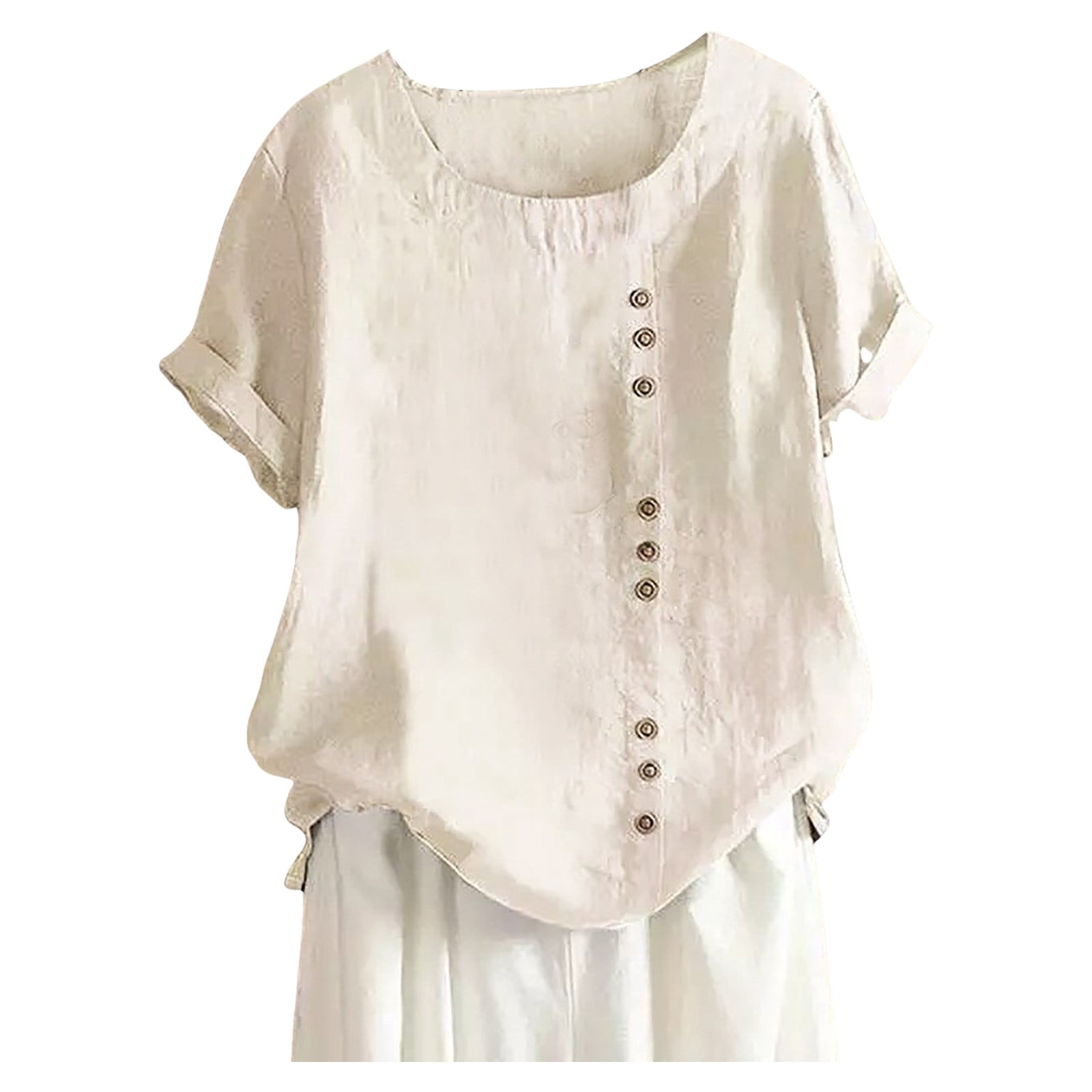 WEIYLL Tshirts Shirts for Women Plus Size Linen Loose Tunic Breathable Boho Solid Beige Tee Sizes XXXL