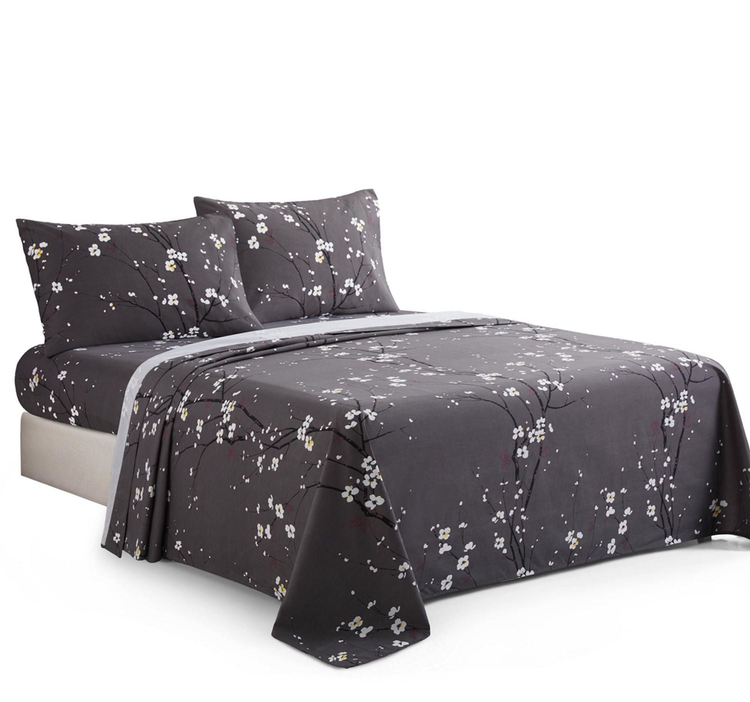 Marina Decoration Printed 600 Thread Count Soft Deep Pocket Hotel Standard Long Staple Cotton Blend Percale All Season Bedding Sheet Set, Plum Blossom Floral Grey Pattern