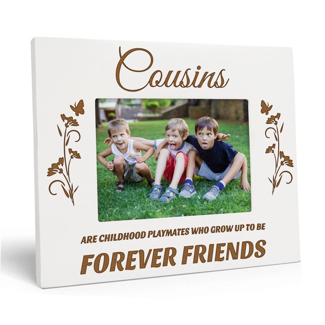 Darling Souvenir Made With Love Engraved Table Top Photo Frame Wooden Cousins Quotes White Picture Frame Gift For Brothers Day, 4x6 Inches Horizontal Photo Size