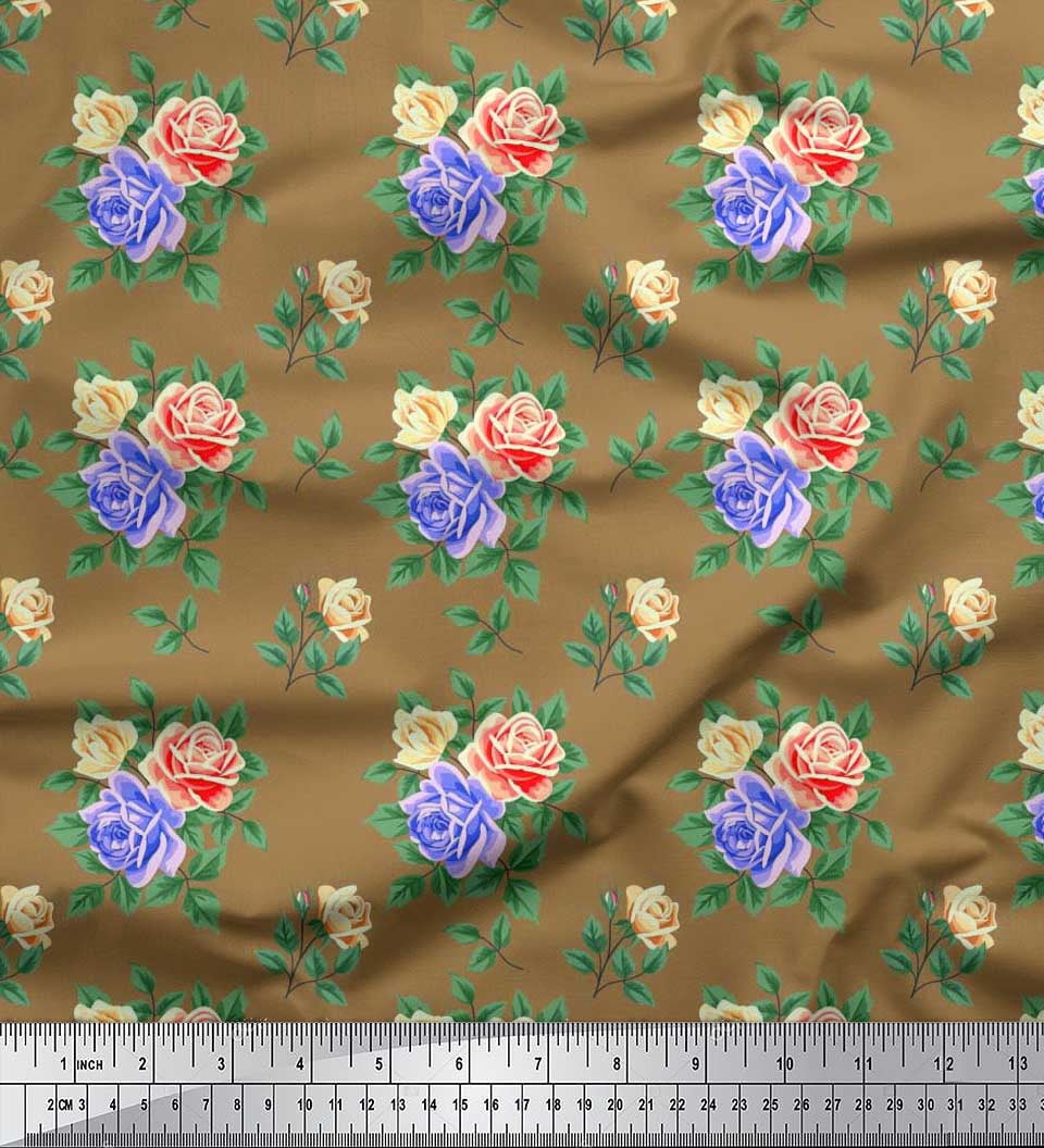 Soimoi Silk Fabric Leaves, & Rose Floral Decor Fabric Printed Yard 42 Inch Wide