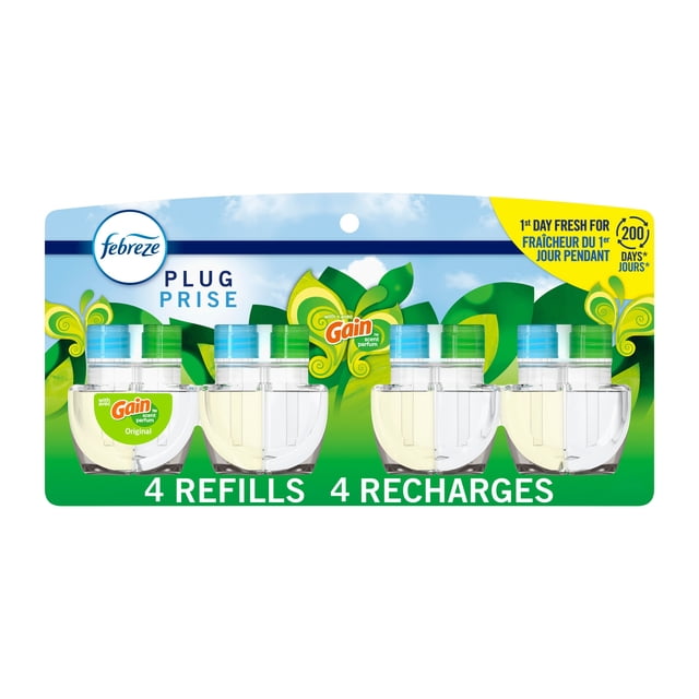 Febreze Plug In Air Freshener Gain Scent refill pack containing four clear oil refills with blue and green caps labeled Gain Original scent, set against green and blue packaging with leaf graphics and text highlighting first day freshness lasting 200 days and four included refills for continuous home odor control.