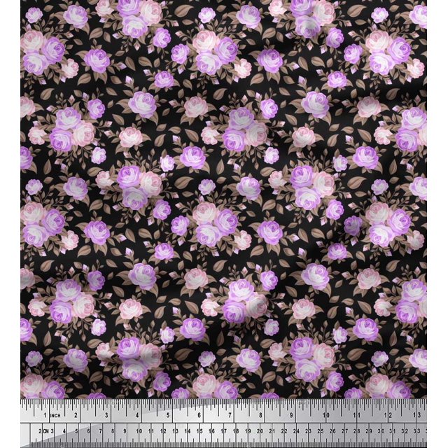 Soimoi Tissu Popeline de Coton Feuilles & Rose Imprimé Floral 1 Yard 42 Inch Wide
