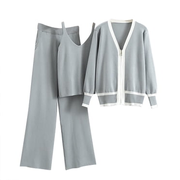 Timegard 3pc Outfits for Women Knitted V Neck Tank Tops Zip up Long Sleeve Cardigan Sweater Wide Leg Pants with Pockets Sets