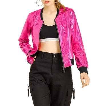 INSPIRE CHIC Women's Casual Stand Collar Metallic Zip Crop Length Bomber Jacket Hot Pink M