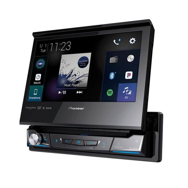 Pioneer Electronics USA AVH3500NEX Récepteur Multimédia DVD 7 Po à DIN Unique, Vue avant Centrée d'Un Boîtier à Tête Noire à DIN Unique avec Écran Tactile 7 Po, Fente DVD visible et Icônes d'Affichage Indiquant Apple CarPlay, Liaison Web, Prêt pour la Navigation, Compatibilité Pandora et SiriusXM; Graphique de Directives d'Aide au Stationnement Sélectionnable et Télécommande Pionnière Incluse visible; Convient aux installations de Rechange au Tableau de Bord.