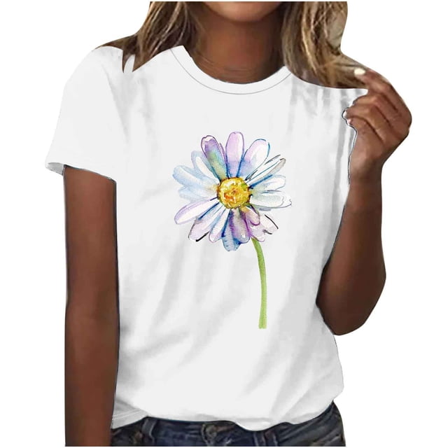 FAIWAD Summer Floral Tops for Womens Casual Round Neck Short Sleeve T-Shirt Loose Comfy Pullover Tops