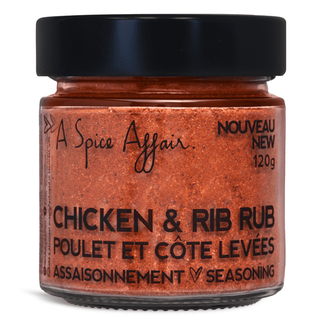 Chicken & Rib Rub A Spice Affair, 120g (4.2 oz) jar with a blend of Himalayan pink salt, paprika, brown sugar, garlic, onion, and spices. Ideal for BBQ ribs, chicken, or tofu, this reddish seasoning mix is visible through the clear jar with black text labeling and a black lid.