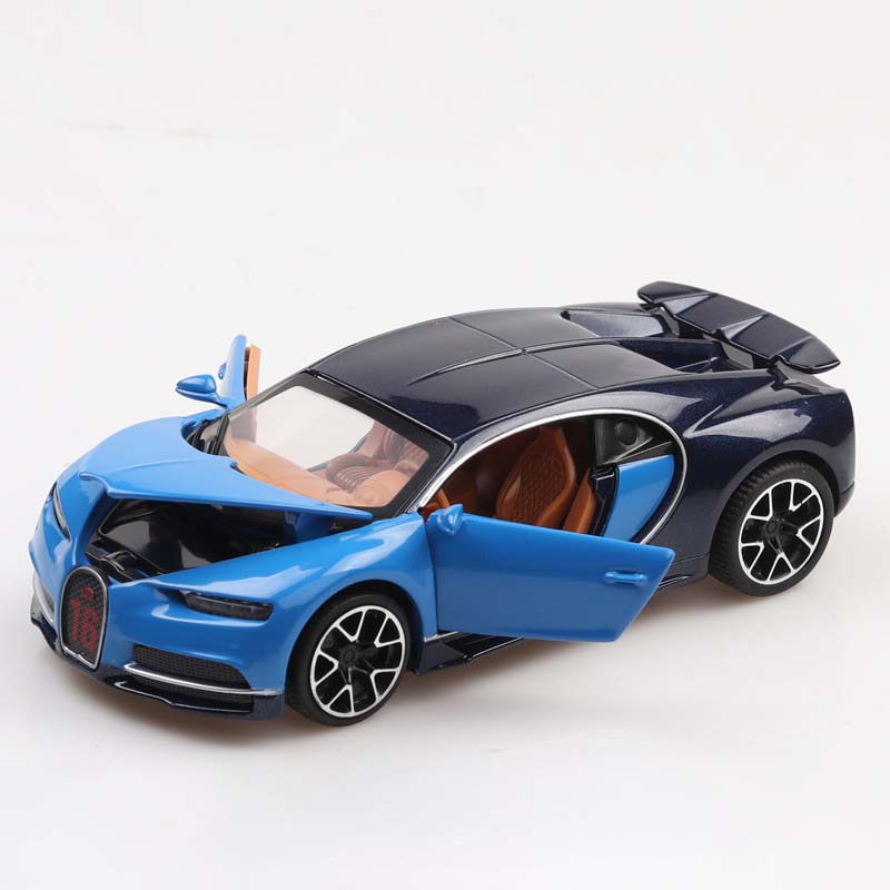 Modèle de Voiture de Sport en Alliage à Rétrofriction Bugatti Chiron 1/32 Jouet Moulé sous Pression Simulation Son Lumière Super Véhicule de Course Jouets Bleu