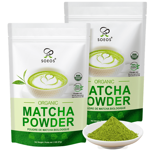 Soeos organic matcha powder, 2oz*2 pouches, totaling 4oz. The image shows two resealable pouches with vibrant green matcha powder displayed in a bowl. The packaging highlights USDA organic certification and usage versatility for lattes, smoothies, baking, and traditional tea.