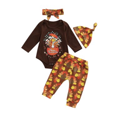Xingqing 4PCS L'action de Grâce Heureux Newborn Baby Boy Girl Body Manches Longues Hauts Pantalon Long Bandeau Chapeau Vacances Clothes