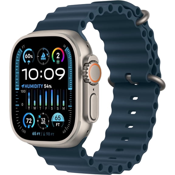 Apple Watch Ultra 2nd Gen GPS + Cellular 49mm Smart Watch Titanium Case with Navy Ocean Band (One Size) | Certified Refurbished Grade A