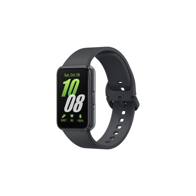 Samsung Galaxy Fit3 Grey with a front-facing rectangular touchscreen showing time, date, step count, heart rate, and battery level in green and white, paired with a slim grey silicone band. It supports daily activity, heart health, and sleep tracking, syncing with the Samsung Health app for wellness monitoring.