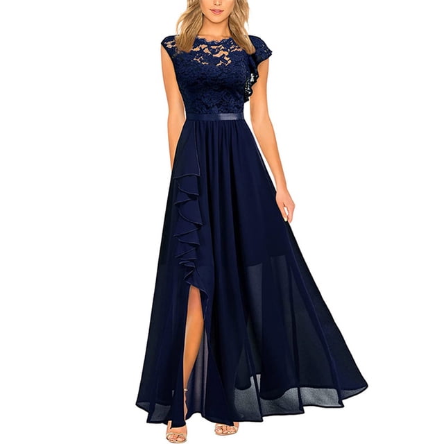 EGNMCR Robes de Fête pour Femmes Mode Femmes Été Dentelle Patchwork Uni Col Rond Sans Manches Gilet Robe Longue