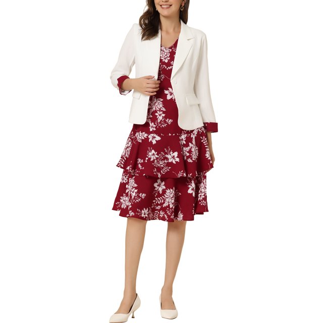 INSPIRE CHIC Robe et Veste pour Femme Ensembles 2 Pcs Robe Sans Manches en Mousseline à Fleurs et Veste à Panneaux Contrastants L Rouge