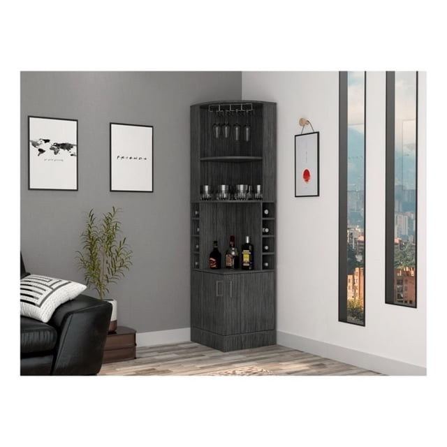 TUHOME Syrah Corner Bar Cabinet - Smoky Oak Engineered Wood
