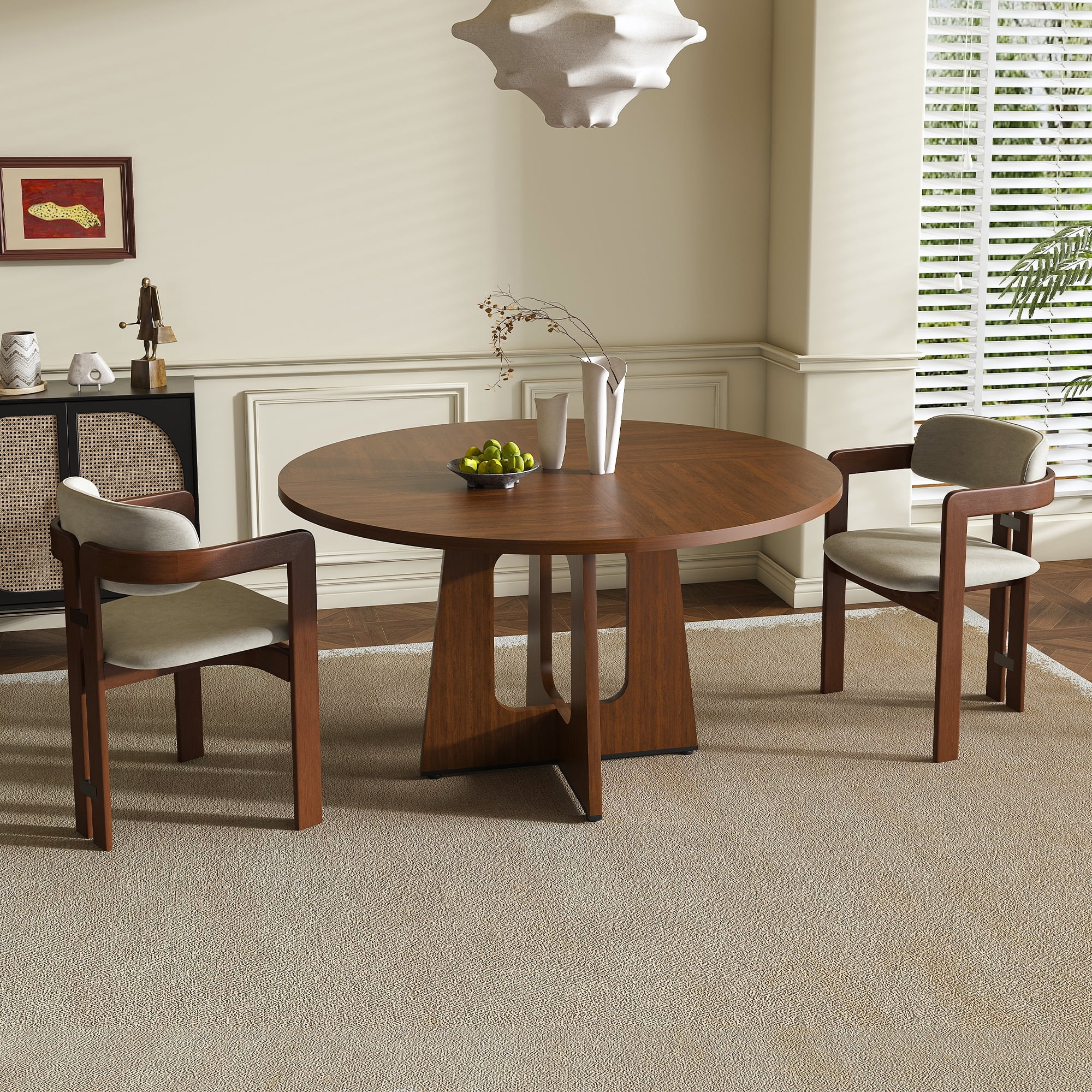 Noble House 47" Round Dining Table for 4,Farmhouse MDF Circle Table with Wood Grain Finish,Walnut