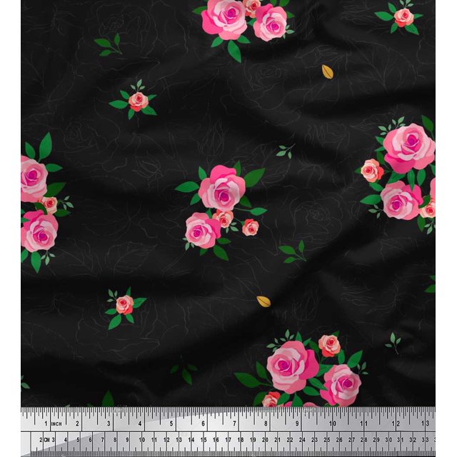 Soimoi Tissu en Coton Cambric Imprimé Feuilles & Roses au Mètre 56 Pouces de Large