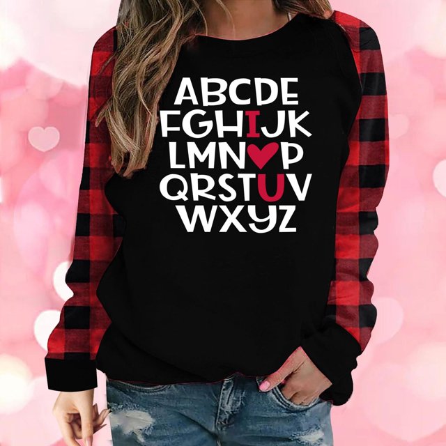 Qertyioot T-Shirt Graphique pour Femmes de la Saint-Valentin à Manches Longues, Col Rond Décontracté Raglan à Carreaux Ample Imprimé Col Rond /