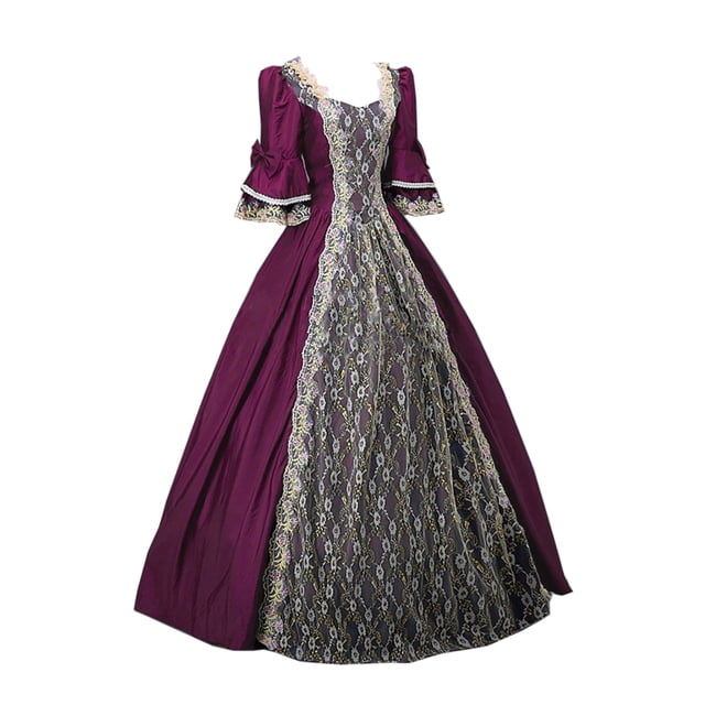 JGGSPWM Robe Victorienne Renaissance Médiévale pour Femmes Vintage en Dentelle à Coutures Corset de Princesse Robe de Bal Violet TG