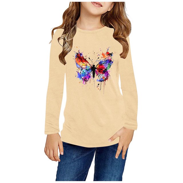 RXIRUCGD Chemises à Manches Longues pour Filles, Col Rond Mignon, Blouses Décontractées Élégantes (Beige, Taille : 5 Ans)