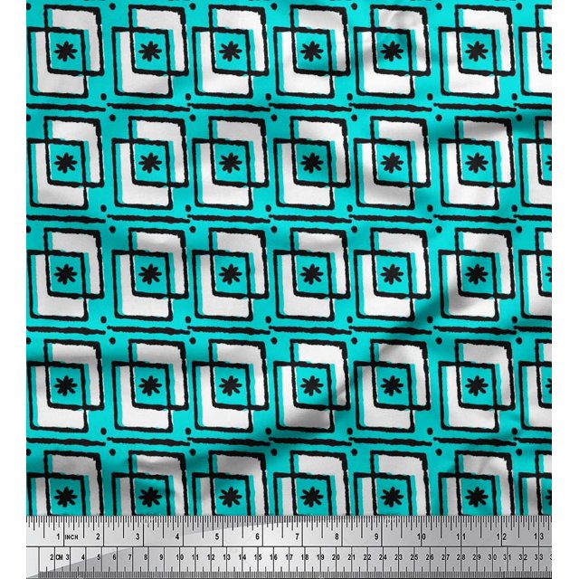 Soimoi Cotton Duck Fabric Square & Floral Block Printed Fabric 1 Yard 56 Inch Wide