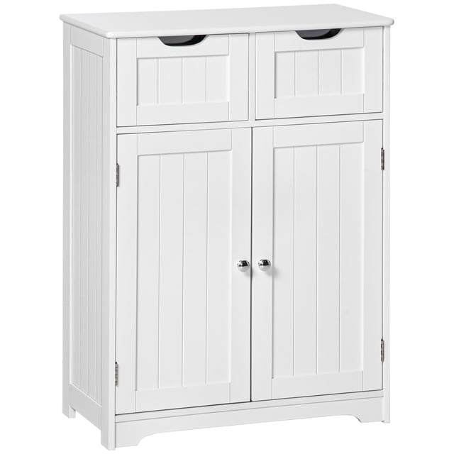 kleankin Armoire de Salle de Bain Autoportante avec 2 Tiroirs et Tablette Ajustable, Conçue pour le Rangement et l'Organisation de la Salle de Bain. Fabriquée en Panneau MDF Blanc avec une Finition Propre, Elle Comprend Deux Tiroirs, une Armoire avec Deux Portes et une Tablette Réglable à 3 Niveaux pour des Besoins de Rangement Polyvalents. Comprend une Sangle Anti-Basculement pour la Sécurité et la Stabilité. Dimensions : 23,5 Pouces de long, 11,75 Pouces de Large et 32,25 Pouces de Haut.