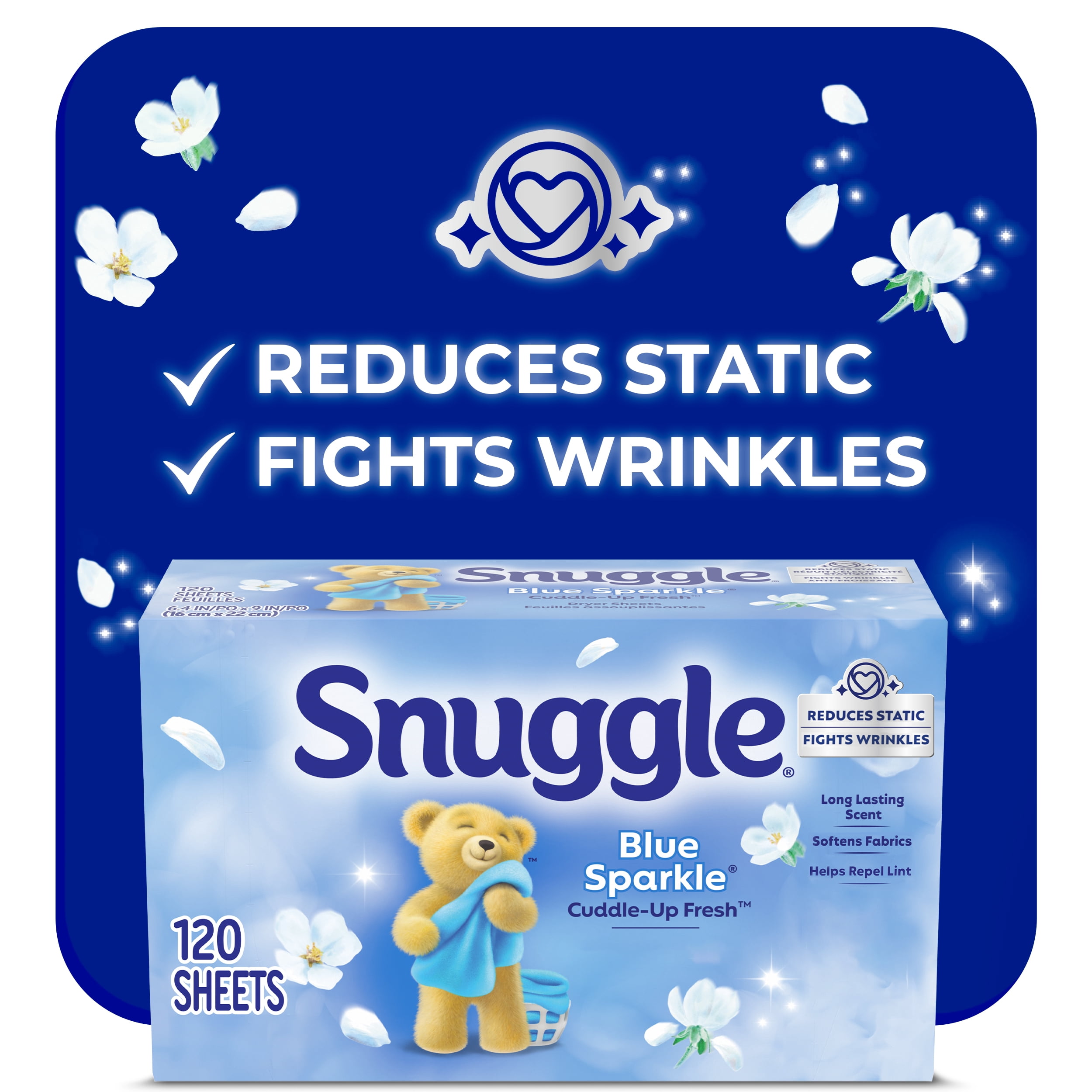Snuggle Blue Sparkle Cuddle-Up Fresh Dryer Sheets, Reduces Static, Fights Wrinkles, 120ct, HE Compatible