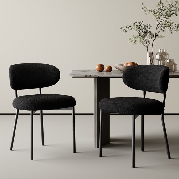 MALOL Dining Chairs Set of 2, Boucle Dining Room Chairs with Metal Legs & Curved Backrest & Thick Cushion, Modern Upholstered Teddy Fabric Sherpa Kitchen Side Chairs, Black