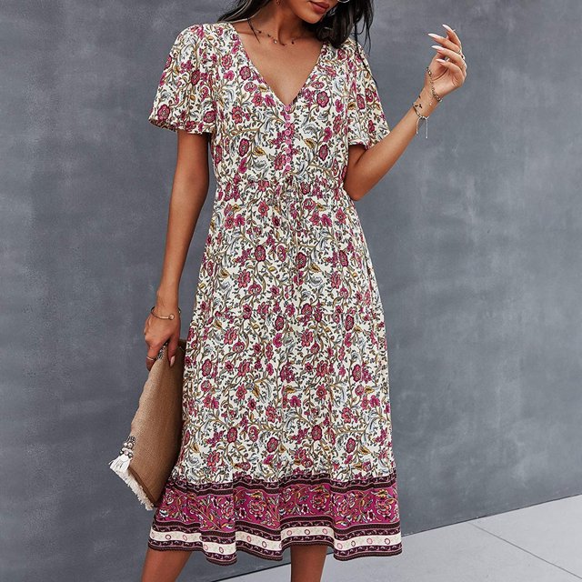 SMihono Robe d'Été Boho pour Femmes Grande Taille Mode Robe Décontractée à Col en V Imprimée avec Ceinture Manches Courtes Ample