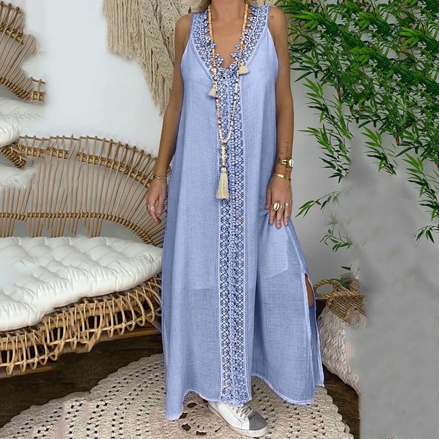 Pisexur Robe Sans Manches à Col en V pour Femme Mode Été Décontractée Robe Sans Manches à Col en V à Bretelles en Dentelle Robe Unie Robe pour Femme