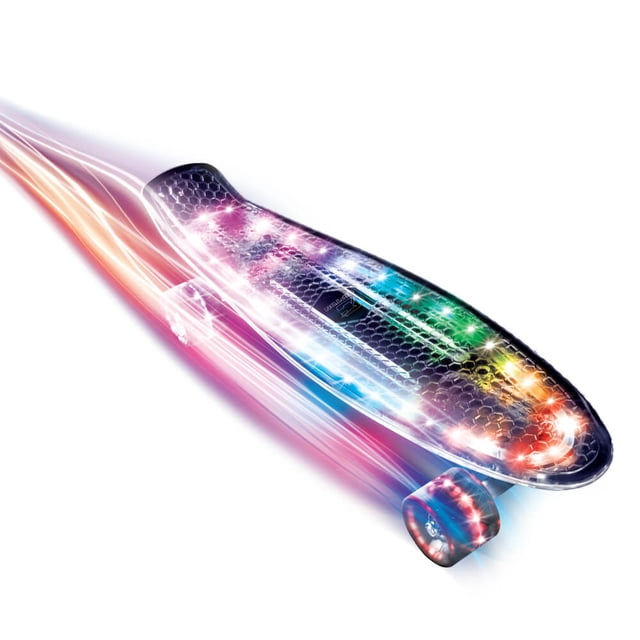 Cipton LED Light Up Translucent 22.5" Skateboard with a translucent honeycomb-patterned deck featuring bright multicolored LED lights on the deck and wheels, shown at a 3/4 angle with colorful light trails indicating smooth motion, suitable for mini skateboard use.