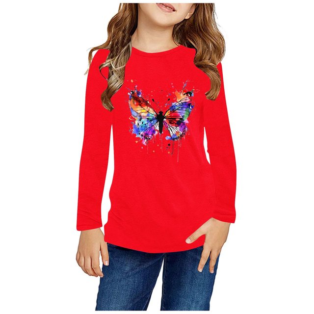 RXIRUCGD Chemises à Manches Longues pour Filles, Col Rond Mignon, Blouses Décontractées Élégantes (Rouge, Taille : 3 Ans)