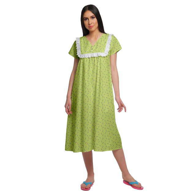 Moomaya Robe de Nuit à Manches Courtes Imprimée pour Femme, Col en V, en Coton