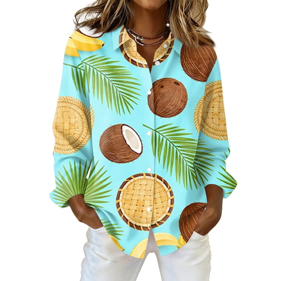 OIOLOYJM Womens Hawaiian Shirt Dressy Hawaii Print Long Sleeve Tee Shirts Spring Vacation Button Down Tops Work Light Blue M
