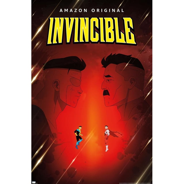 Invincible - Affiche Murale Père et Fils en une Feuille, 22,375 Pouces x 34 Pouces, Représente Deux Grands Profils Latéraux de Personnages Masculins Se Affrontant sur un Fond Rouge avec de Légères Stries, avec de Plus Petites Figurines Intégrales de Superhéros Flottantes au Centre, Imprimée sur Papier Lustré Idéale pour la Déco de la Maison et un Montage Mural Facile.