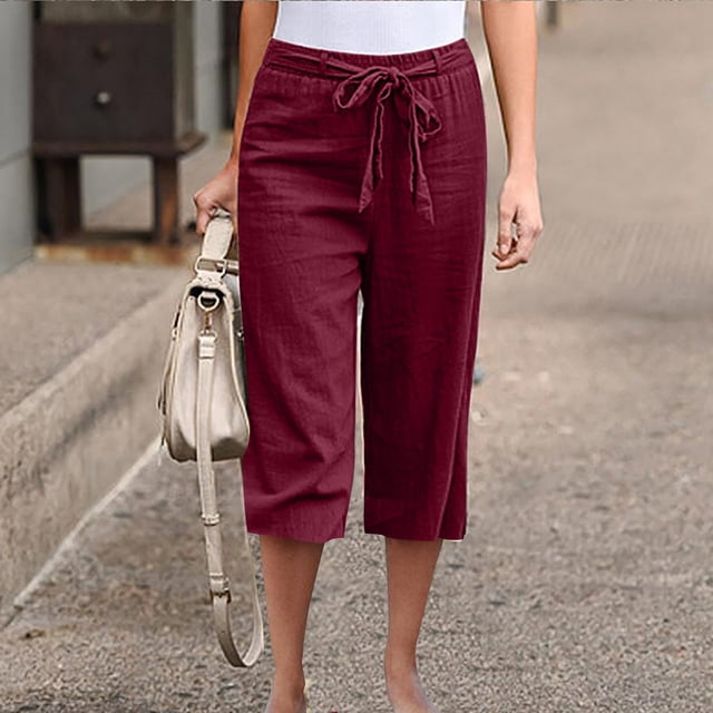 TIMIFIS Women's Straight Pants Elastic Waist Casual Drawstring Wide Leg Pants Lightweight Capris Solid Pants with Pockets - Spring/Summer