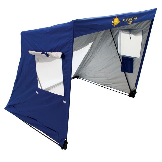 Rio Beach Blue Sol Cabana Abri Solaire avec Grand Auvent Bleu et sous-Couche Protectrice Argentée, Fenêtres en Maille pour la ventilation et Fenêtre Latérale Enroulable, Supporté par des Poteaux de Cadre Noirs. Léger et portable avec un Sac de Transport, Offre une protection Solaire UPF 50+ Idéal pour l'Ombre à la Plage.