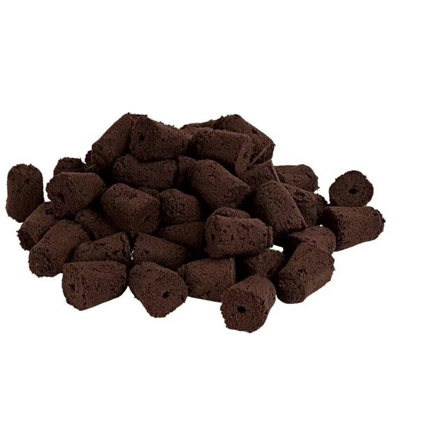 Exotower Grow Plugs - Hydroponic Sponge - Clone Plugs - Planting Sponge - Hydroponic Seedling Sponge. A pile of dark brown, porous grow plugs made from a blend of peat and organic materials, designed for hydroponic and aquaponic systems. These plugs are suitable for starting seeds, transplanting vegetables, herbs, or flowers, and promoting germination. Each package includes 48 grow-ready plugs.