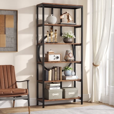 Fnova 70.9" 6-Tier Industrial Bookshelf, Tall Open Storage Bookcase, Wood Metal Unit for Living Room, Home Office