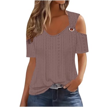 Timegard Hauts à Oeillets pour Femmes Col en V Manches Courtes Épaules Dénudées Été Chic Décontracté Tunique Hauts Blouse