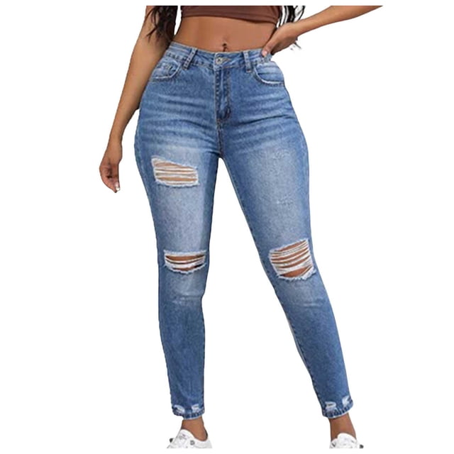 Gubotare Jeans for Women Ripped Women's Mid-Rise Stretchy Skinny Jean (Blue,Size S)
