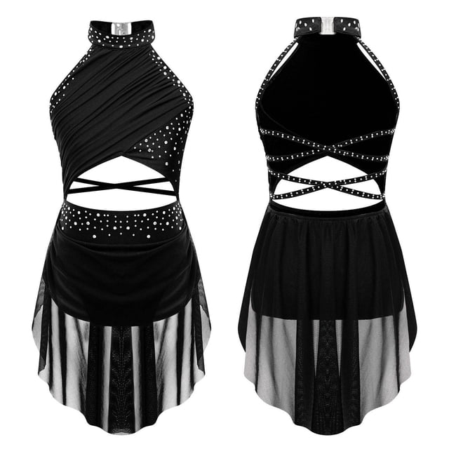TiaoBug Robe de Danse Lyrique pour Filles Jupe Asymétrique à Sequins Col Licou Justaucorps de Patinage Artistique Robe Noir 6