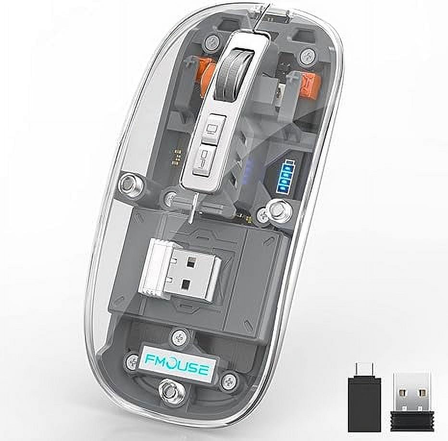 Wireless Bluetooth Mouse Tri-Mode (BT5.1+2.4GHz) USB C Rechargeable Computer Mouse Full Transparent Silent Mouse with USB Receiver & Type C Adapter for Laptop/Mac/iPad