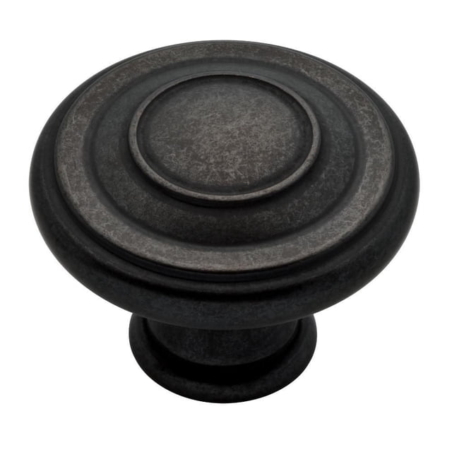 Peerless Jackson Soft Iron Knob, 10-Pk, close-up front view of a round, tiered cabinet knob with textured soft iron finish in dark gray. Easy DIY installation with included hardware makes it a durable upgrade for cabinets and furniture, also suitable as wall hooks.